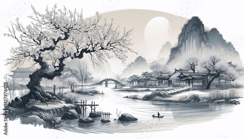 Chinese style ink and wash landscape with splashing white textures