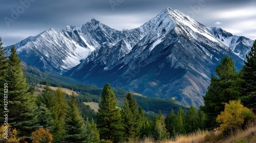 Majestic snow-capped mountains with lush green forest in the foreground during daylight photo