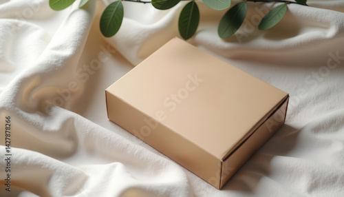 A simple, elegant brown box placed on a soft fabric backdrop, ideal for gift packaging or product display, 3D render.
