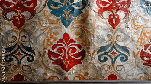 Intricate Vintage Wall Decor with Colorful Ornamental Patterns on Textured Surface