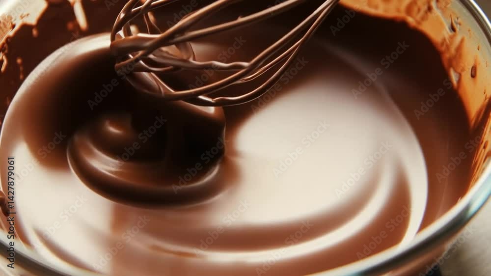 Melting rich chocolate with a whisk in a glass bowl close up for confectionary