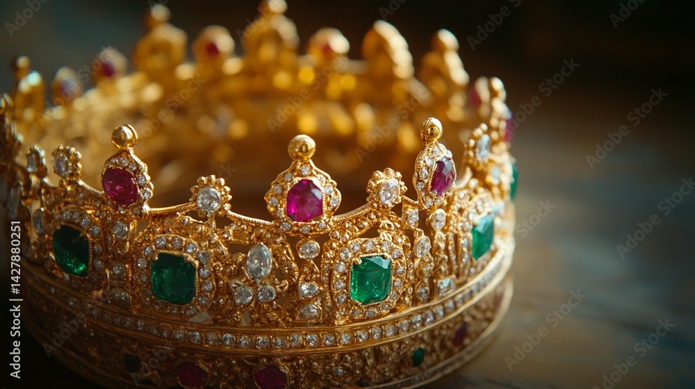 Close-up of a golden crown adorned with rubies and emeralds. Close-up of a golden crown adorned with rubies and emeralds.