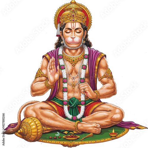 Hanuman depicted in a seated, peaceful meditation position, wearing ornate accessories and a vibrant outfit