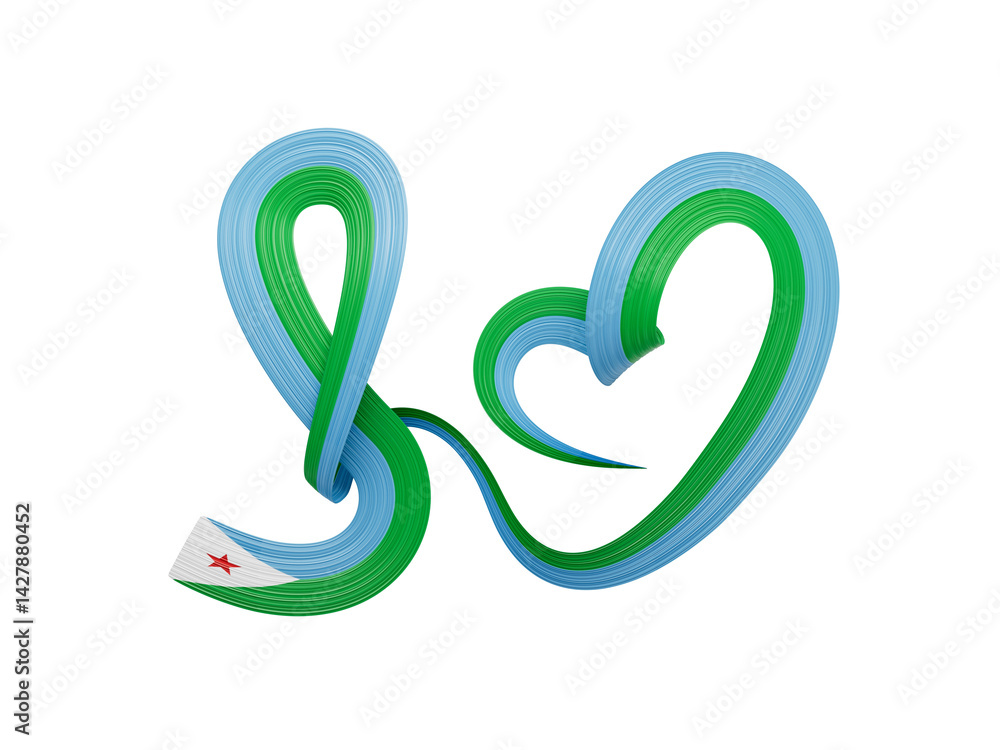 Obraz premium Flag Of Djibouti Heart Shaped Shiny Wavy Awareness Ribbon Flag Blue Background 3d Illustration
