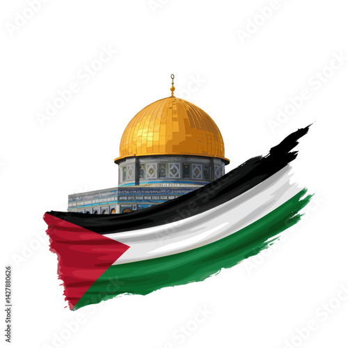 A depiction of the Palestinian flag flying over the Dome of the Rock, a significant religious site in Jerusalem