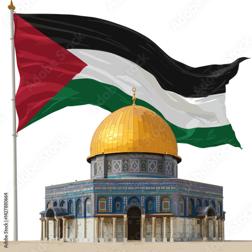 A depiction of the Palestinian flag flying over the Dome of the Rock, a significant religious site in Jerusalem