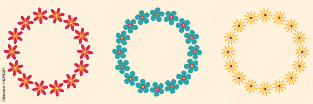 Groovy style flowers wreaths set. Circle frames collection. Simple flowers minimalistic style. Geometric flower. Vector illustrations. Retro bright flowers Groovy style flowers wreaths set. Circle frames collection. Simple flowers minimalistic style. Geometric flower. Vector illustrations. Retro bright flowers