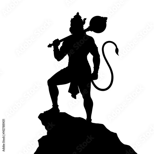 The silhouette of a powerful figure stands atop a rocky peak, with the sun shining behind them, creating a halo effect. The character's poised stance and staff evoke a sense of strength and wisdom, su