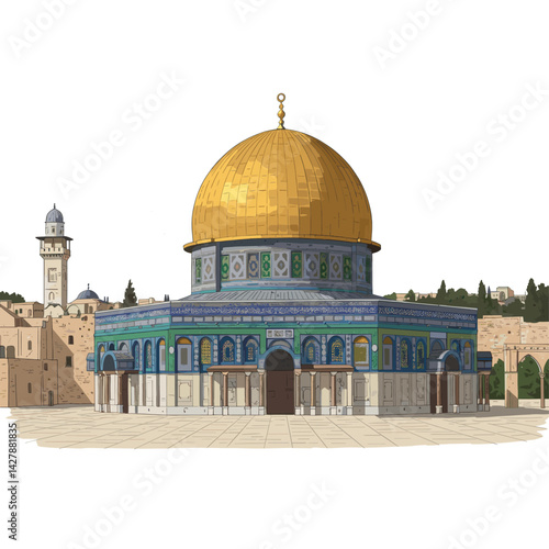 A depiction of the Palestinian flag flying over the Dome of the Rock, a significant religious site in Jerusalem