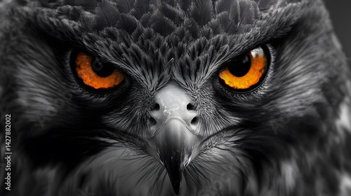 A close-up of a falcon is face with intense golden eyes
