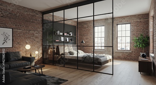 Modern Industrial Apartment Interior Design with Glass Room Divider