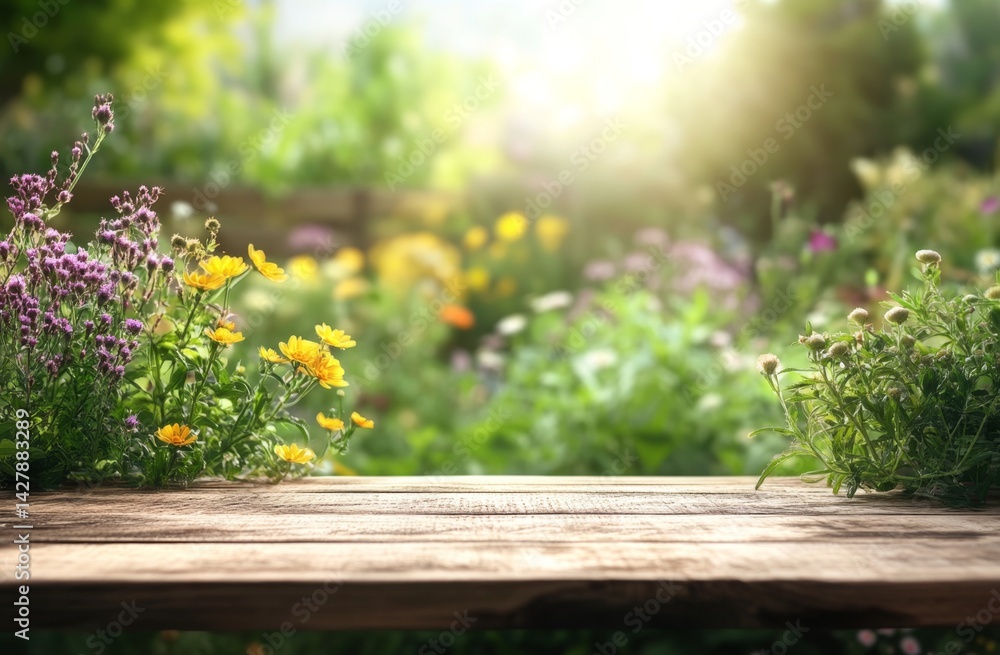 Wooden table in a garden setting Wooden table in a garden setting
