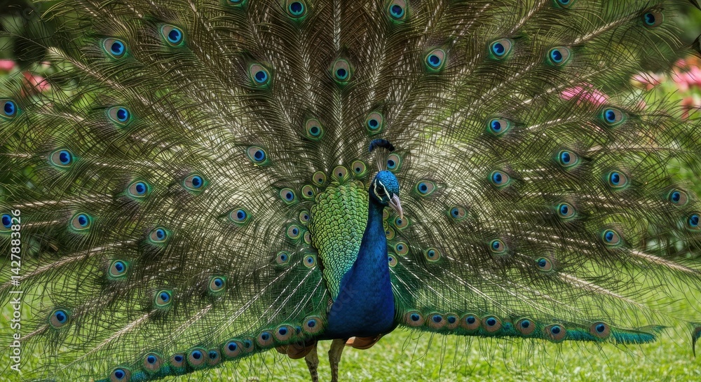 Fototapeta premium Peacock displaying full tail feathers nature photo