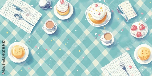 Pastel-toned picnic spread of desserts and drinks.
