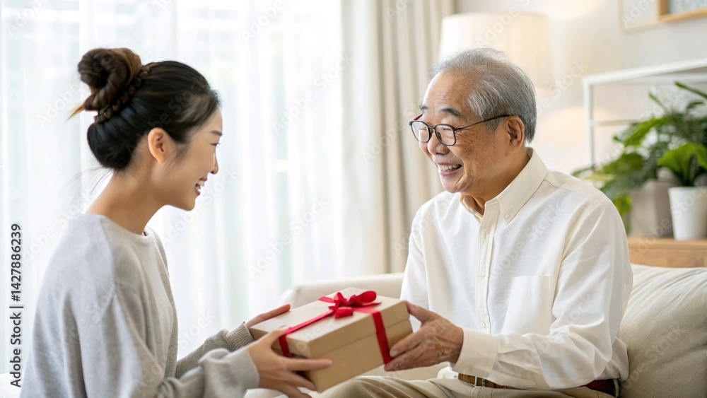 Obraz premium 贈り物を通じて伝わる感謝と敬意 - 日本のおもてなし文化の継承者たち - 心温まる接客シーン - 生成AI