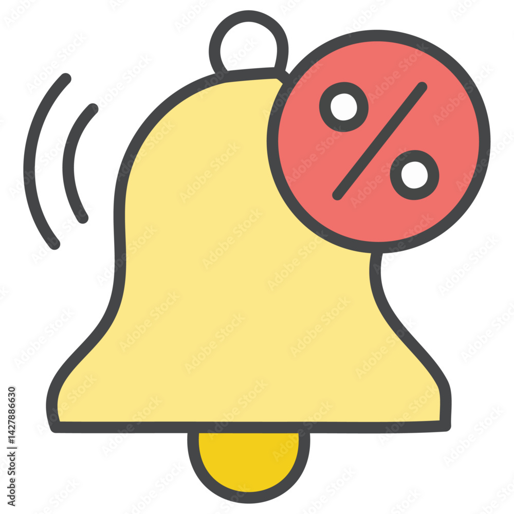 Fototapeta premium Bell reminder notification with voucher sale discount percentage offer sign or symbol
