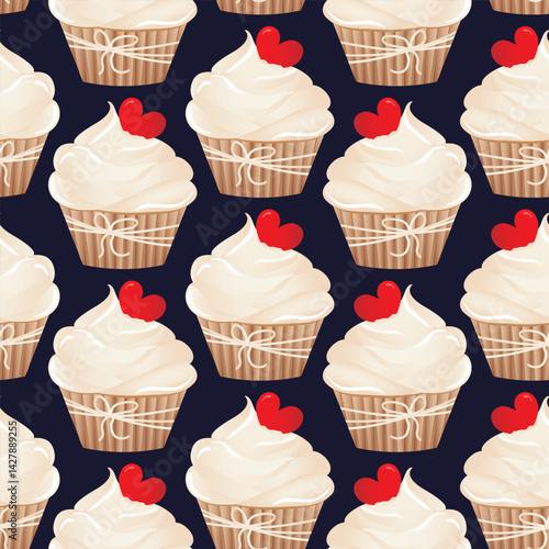 Seamless pattern for kitchen decor and more. Delicious cupcake with whipped cream and caramel heart. Vector cartoon illustration of sweet food.