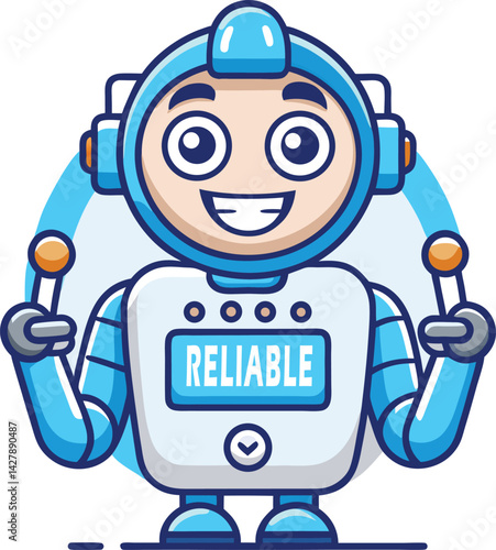 A mascot logo of a friendly and trustworthy cartoon robot with a welcoming gesture, representing reliable technology and support for a software company 