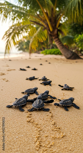 Baby Turtles Hatching Walking Towards Ocean on Sandy Beach