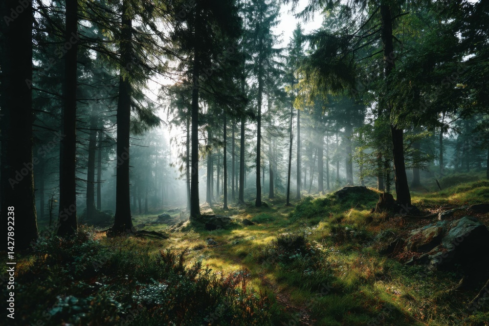 Obraz premium Misty Forest Morning: Sun Rays Illuminating a Verdant Woodland with Tall Trees and Ethereal Fog, Creating a Tranquil, Dreamlike Atmosphere