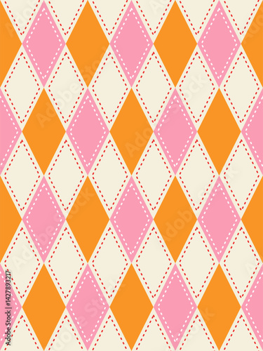 A seamless geometric argyle pattern of orange,pink, and off-white diamonds,vibrant and playful design for textile,fashion,decorative background,fabric patterns,gift wrapping paper,greeting card