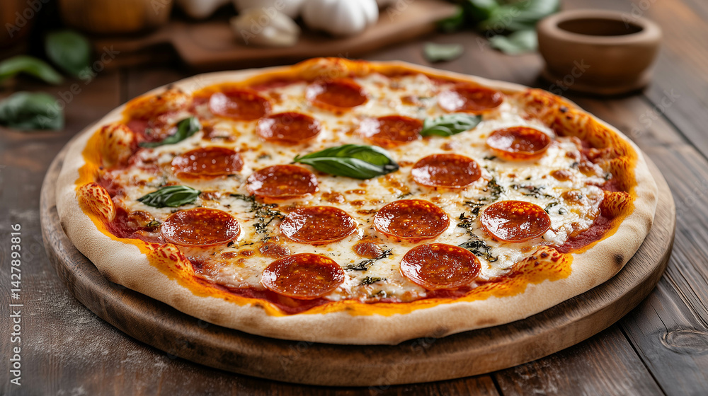 A delicious pepperoni pizza with a crispy golden crust.