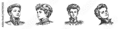 Vintage Aristocratic Portraits Of Young Boys Illustration Set. Historical Fashion And Elegance In Hand Drawn Sketch Style. Isolated Vector Illustration
