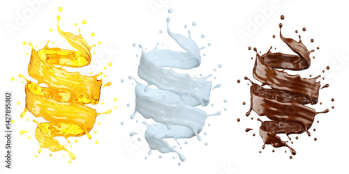 3d render of liquid splash yellow milk and chocolate isolated on white with clipping path