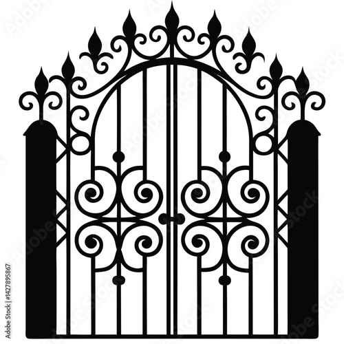 Ornate Iron Gates with Arch – Black Silhouette Vector Design


