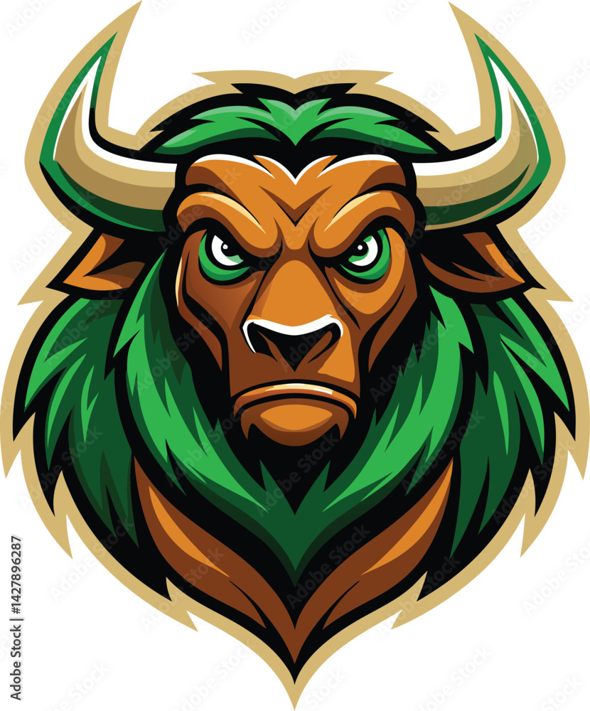 A mascot logo of a strong and determined looking stylized bison with a flowing mane, representing resilience and power for an outdoor adventure brand A mascot logo of a strong and determined looking stylized bison with a flowing mane, representing resilience and power for an outdoor adventure brand