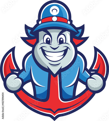 A mascot logo of a strong and reliable looking cartoon anchor with a friendly face, representing stability and trust for a maritime or security company 