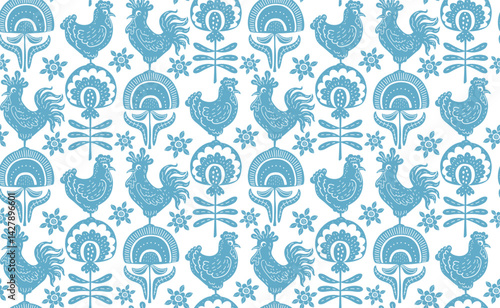 pastel baby blue and white rustic farmhouse block print style folk chickens and abstract flowers seamless pattern, vector illustration repeat design