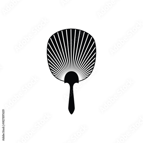 Vintage Japanese and Chinese hand fan decorated stripes vector icon, black and white bamboo uchiwa and paper accessory