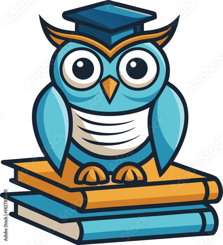 A mascot logo of a wise and thoughtful cartoon owl perched on a stack of books, representing knowledge and learning for an educational institution 