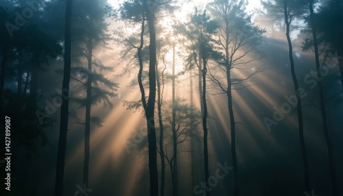 Sunlight streams through mist-filled forest creating a ethereal atmosphere
