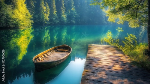 Wallpaper Mural Serene boat resting by a wooden dock on a tranquil lake Torontodigital.ca