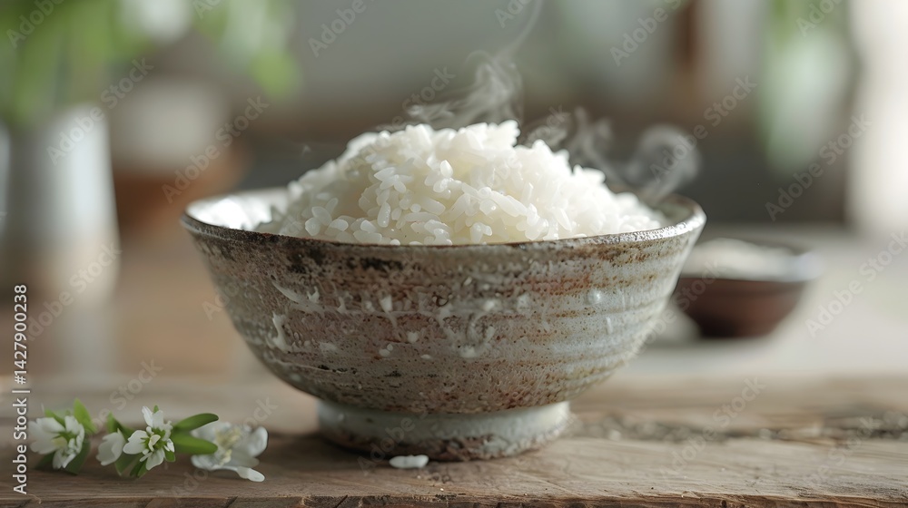 Closeup of Freshly Steamed White Rice Served in a Simple Ceramic Bowl on a Rustic Wooden Table Closeup of Freshly Steamed White Rice Served in a Simple Ceramic Bowl on a Rustic Wooden Table