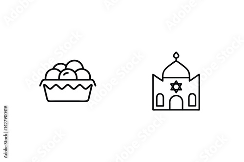 Matzah Ball Soup And Synagogue Line Art Icons For Jewish Holidays