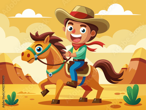 A western-style vector of a smiling cartoon cowboy riding a horse, placed on a solid sandy yellow background