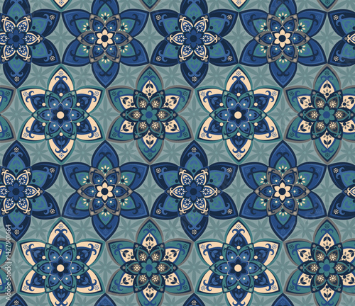 boho moroccan mediterranean star flowers tiles seamless pattern in muted  dusty blue cream beige navy  color palette, vector illustration repeat design print