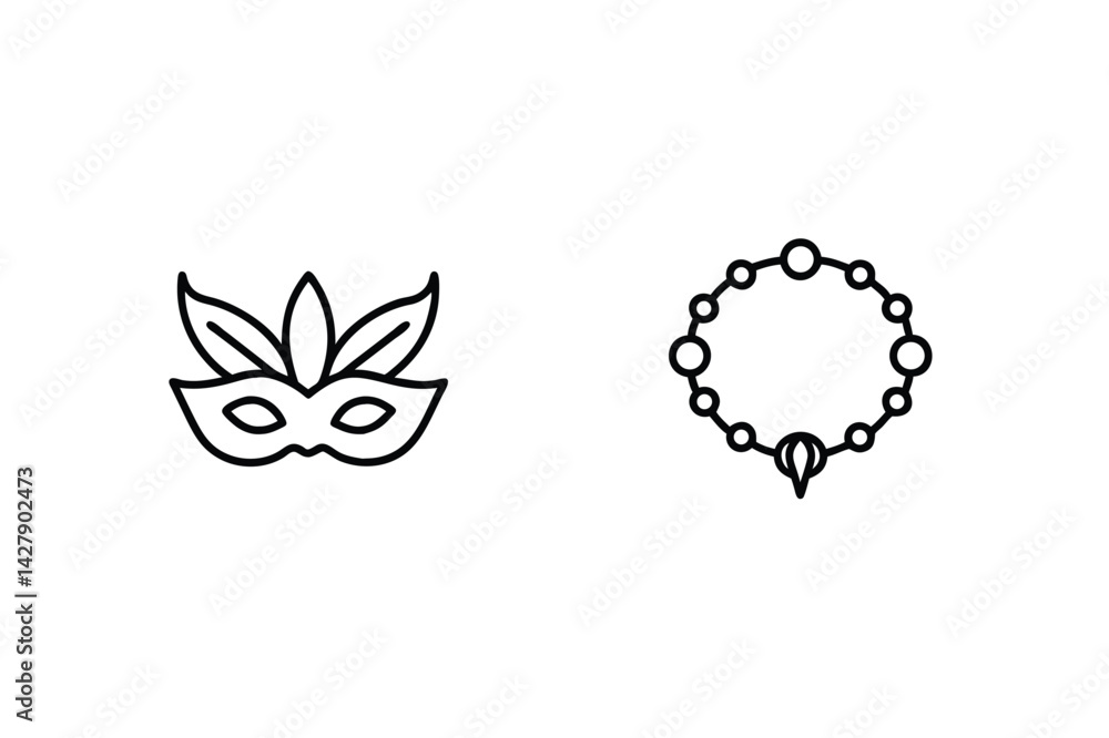 Obraz premium Carnival Mask And Beaded Bracelet Isolated On White Background Line Art