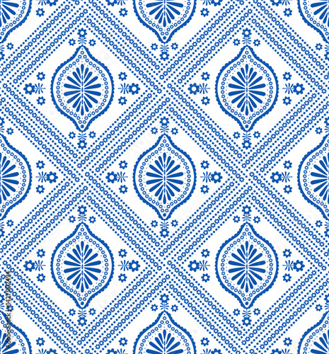 mediterranean ornate floral botanical diamonds tiles in blue and white, vector illustration repeat design