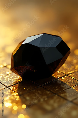 Geometric frame made of jet-black gemstones on matte slate background, top view, symmetrical layout 