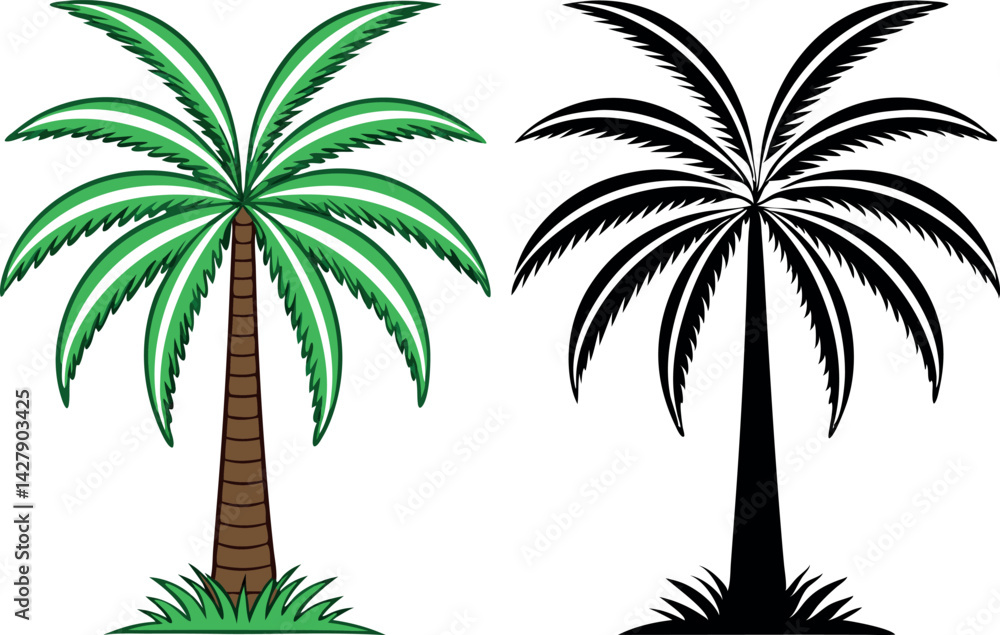 Fototapeta premium Color and Black Silhouette Palm Trees vector illustration.
