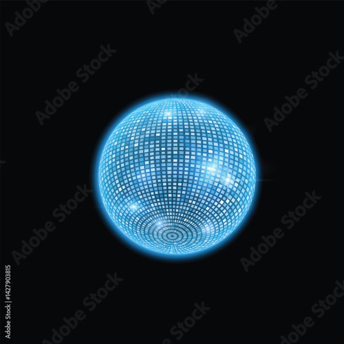 Disco ball. Vector of shiny round mirror ball in blue neon color on black isolated background.