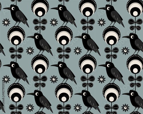 cue little raven crows birds sitting on flowers black and white on dusty blue seamless pattern, scandi vector illustration repeat design print