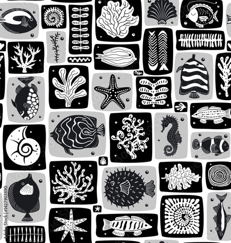 coastal block print style marine coastal fish corals sea plants seamless pattern in black and white vector illustration repeat aquatic design print