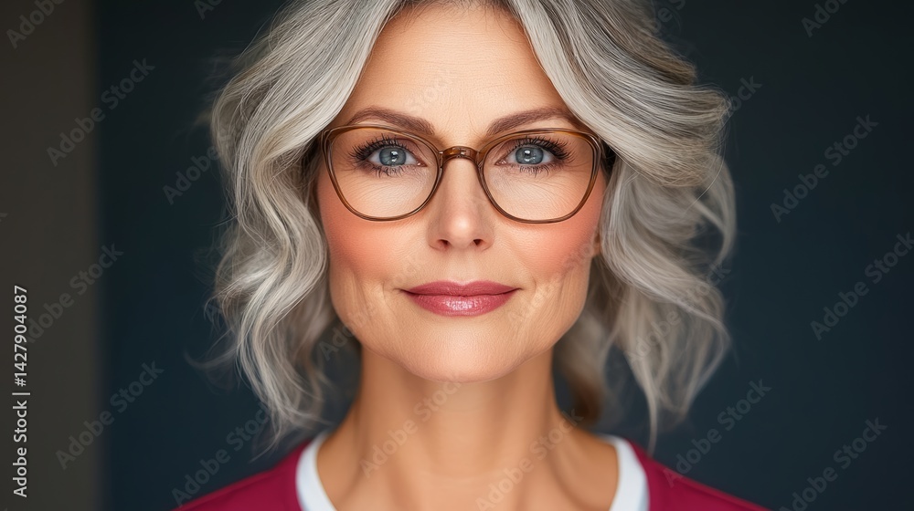 Woman with short hair and glasses is smiling. She is wearing a pink shirt and a white shirt Woman with short hair and glasses is smiling. She is wearing a pink shirt and a white shirt
