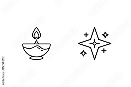 Diwali Celebration Icons Traditional Oil Lamp And Star Black Line Art