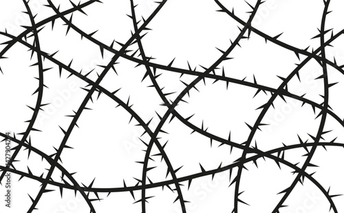 Barbwire, thorny frame vector seamless pattern, prison, boundary barb line war background silhouette, sharp lines fence